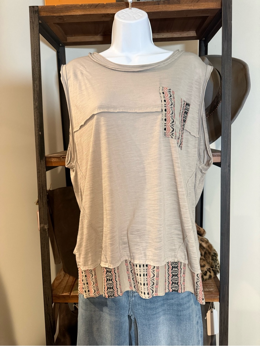 POL Cream Sleeveless Boho-Trim Tank Top